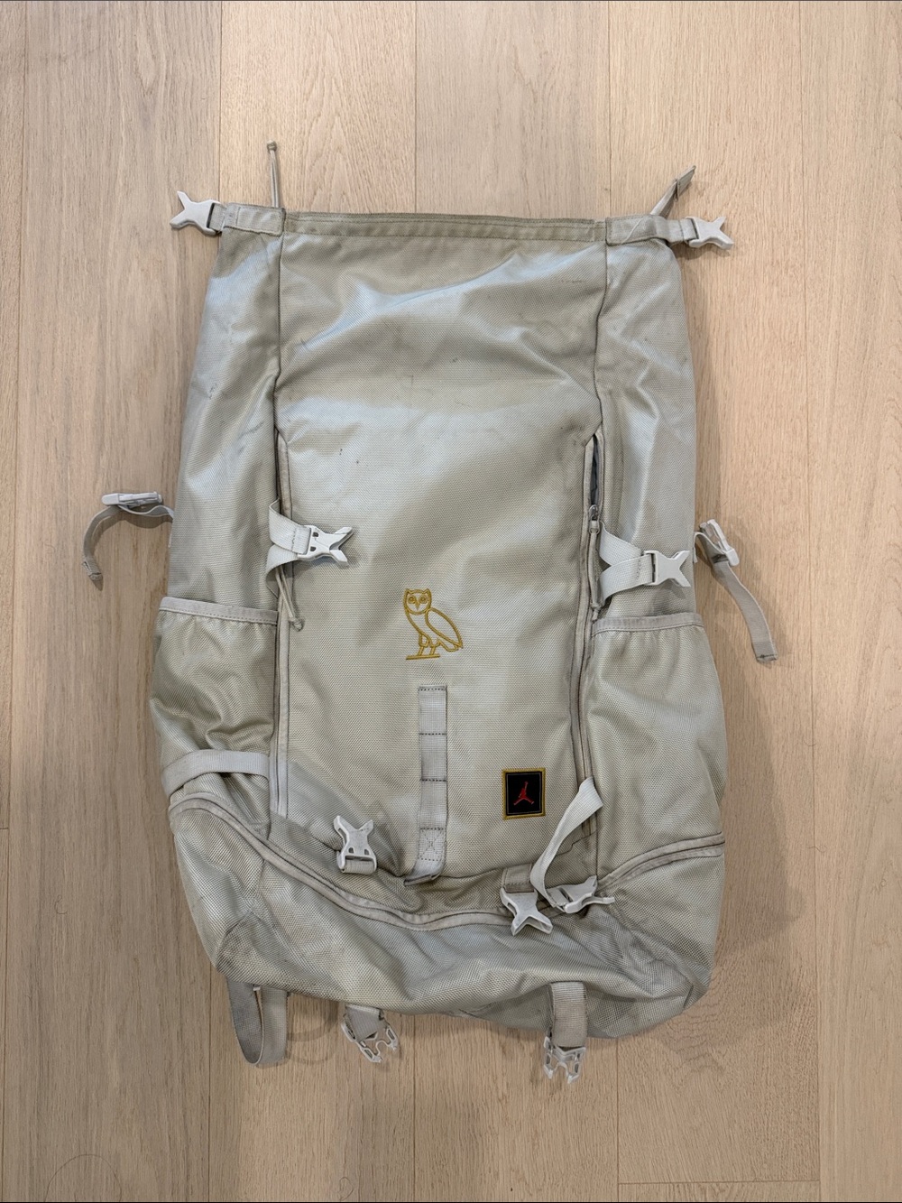 OVO Canvas Backpack in White and Tan with Gold Owl Accent